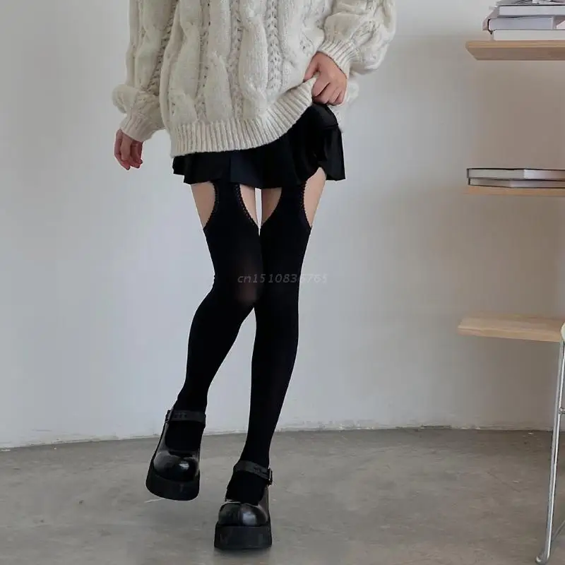 Womens Sexy Side Cutout Holes Suspender Pantyhose Harajuku Kawaii Lolita Lace Trim Fake Garter Belt Stockings Tights