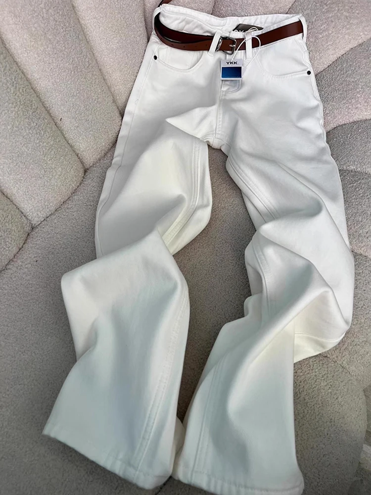 

Белые прямые джинсы с высокой талией, мужские осенние облегающие удлиненные джинсовые брюки прямого кроя, повседневные свободные прямые брюки-трубы