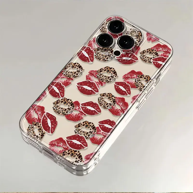 

Leopard Print Red Lips Transparent Phone Case For iPhone 16 15 11 12 14 13 Pro Max Mini X XSMax XR 7 8 Plus SE4 16e Silica Cover