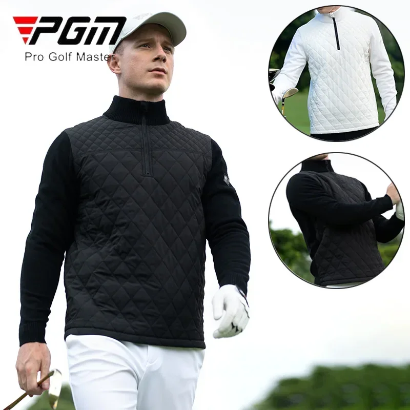 

PGM Men Padded Cotton Golf Sweater Male Keep Warm Windproof Sweater Men Zipper Stand Collar Pullover Plaid Knitted Golf Shirt