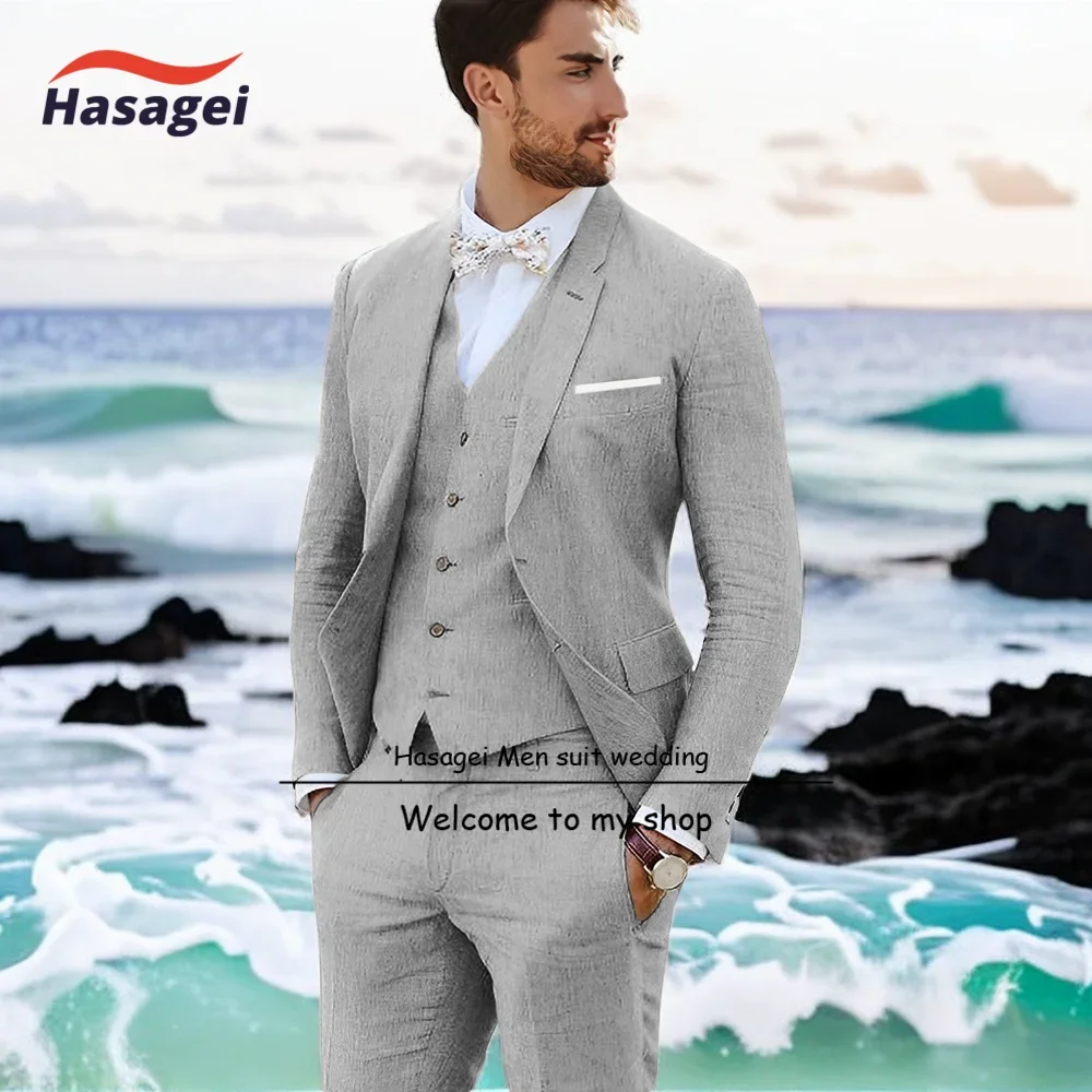 Summer Linen Suit for Men Beach Wedding Tuxedo Jacket Pants Vest 3-piece Set Groom Customized Blazer Set