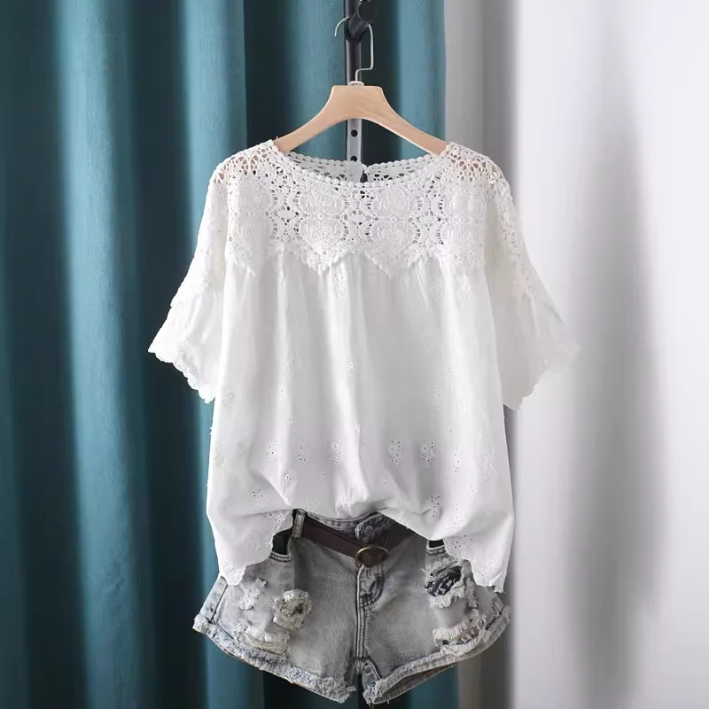 2026 Hollow Out Lace Patchwork Shirts and Blouses Short Sleeve Embroidery Flowers Cotton Shirt Mori Girl Clothing