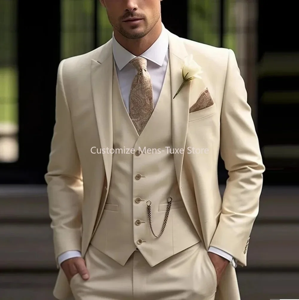 New Beige Suit Men Business Tuxedos Formal 3 Piece Set Jacket Vest Pants Single Breasted Groom Groomsman Prom Wedding Party