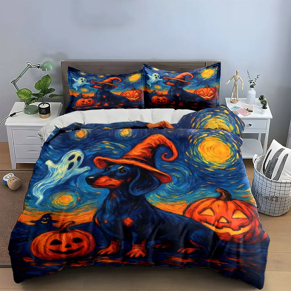 

Halloween Dog Decor Set Bedding Set with 1 Duvet Cover 2 Pillowcases Single Double King Queen, Gift