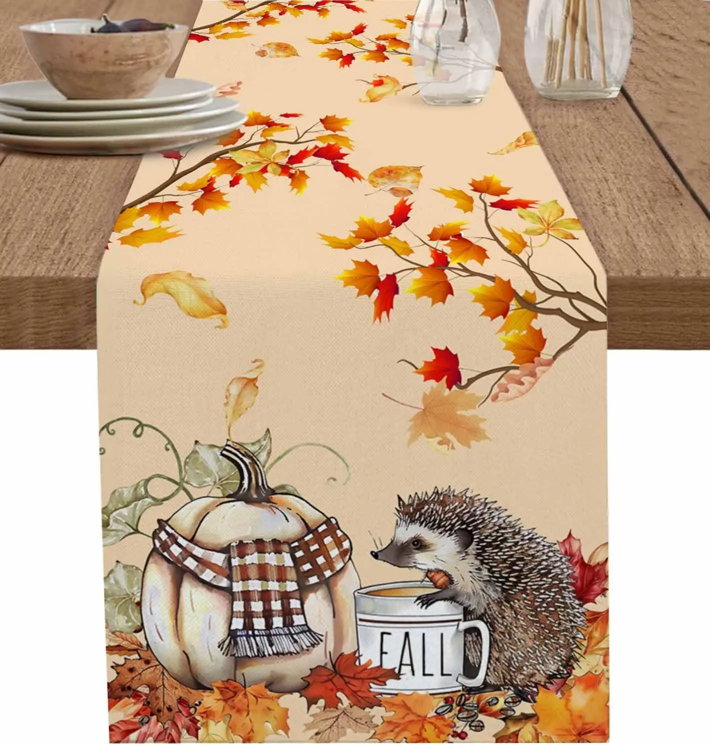 Fall Hedgehog Pumpkins Linen Table Runner Thanksgiving Decoration Washable Autumn Maple Leaves Table Runners Kitchen Party Decor