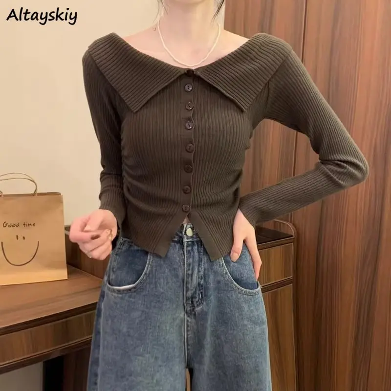 Cárdigans de punto con cuello oblicuo para Mujer, Tops cortos abotonados, Ropa Elegante Para Mujer, uutekar leben Б, cómodo, delgado, elegante, diario
