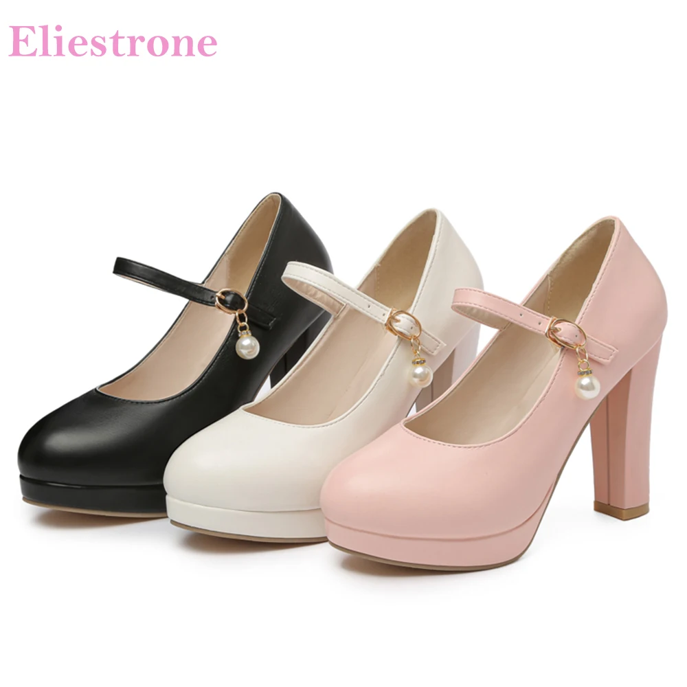 

New Spring Elegant White Pink Women Pumps Platform Round Toe High Heels Lady Formal Shoes Plus Big Size 12 44 47