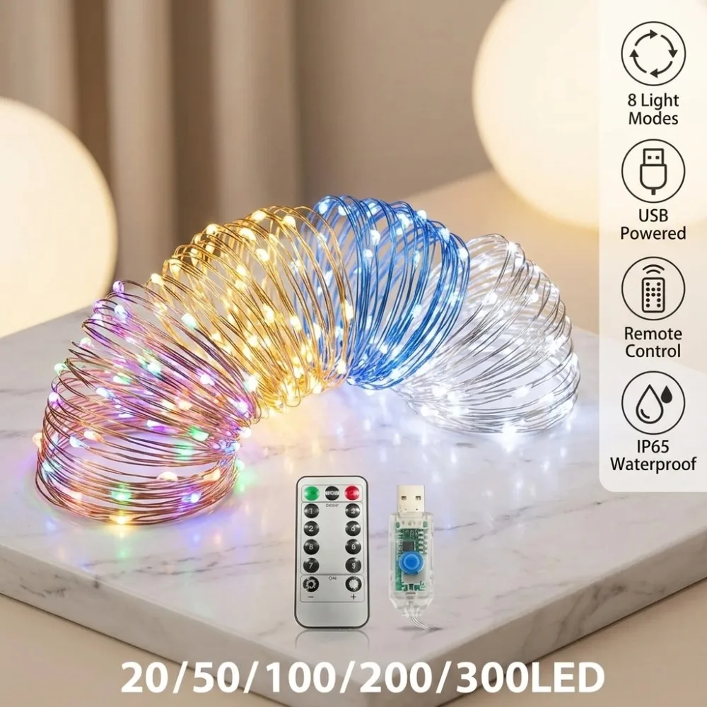 LED Remote Control Fairy String Lights Copper Wire USB Powered 8 Modes Christmas Party, Wedding, New Year, Holiday Home Decor