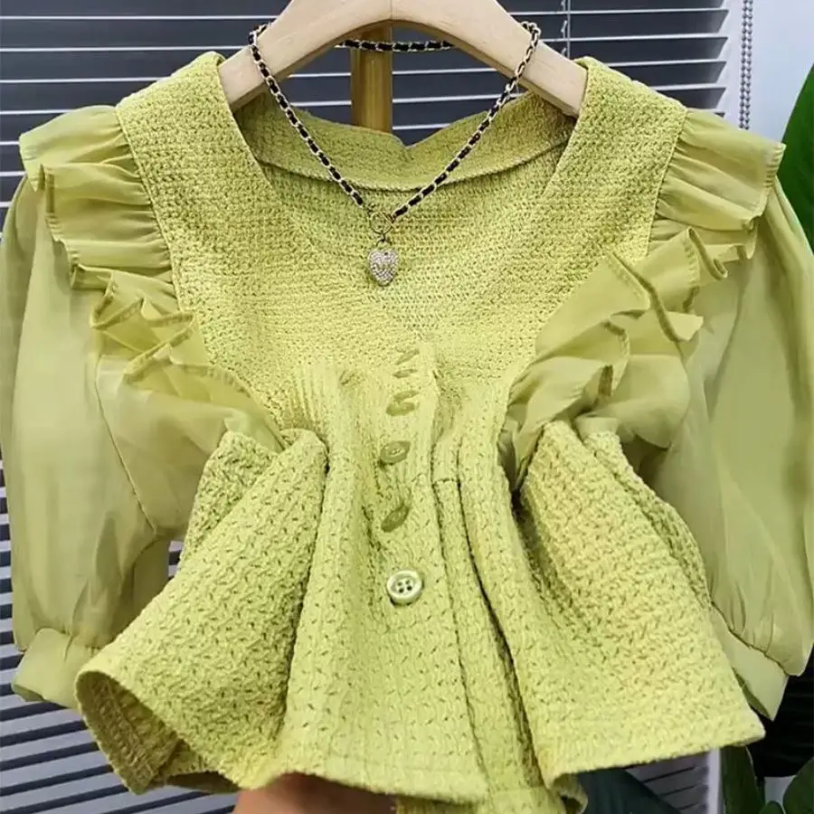 

Sweet Short Korean Style Women's Shirt Cardigan V-neck Button Design Wooden Bells Summer New Arrival Elegant Fashion