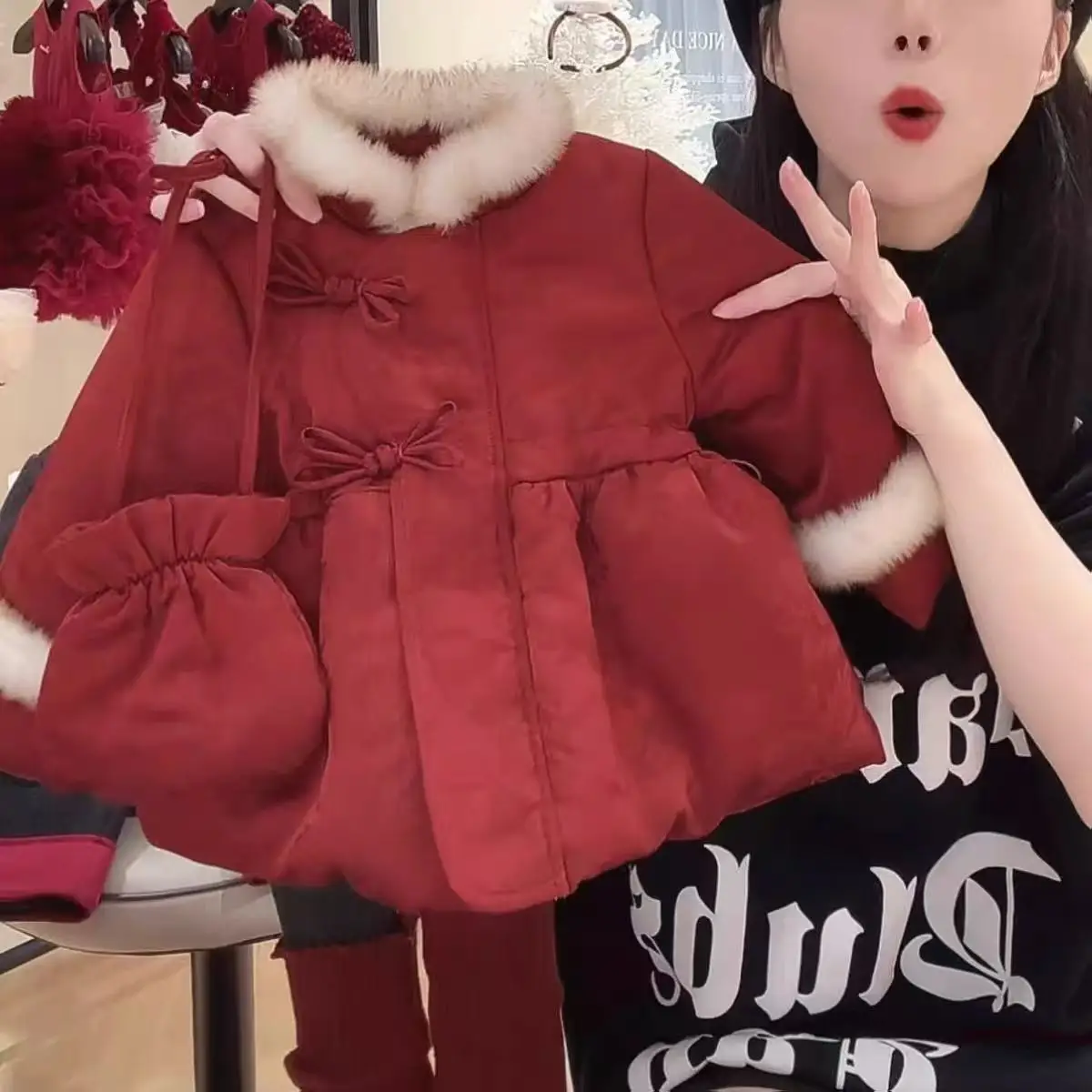 

Зимнее пальто с вышивкой для девочек — готовая в подарок толстая хлопковая куртка, традиционная новогодняя праздничная верхняя одежда для холодной погоды