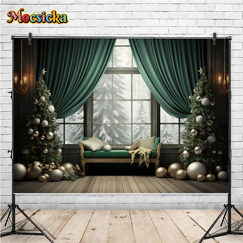 Mocsicka Winter Christmas Photography Background Green Xmas Tree Holiday Party Family Kids Photo Backdrops Studio