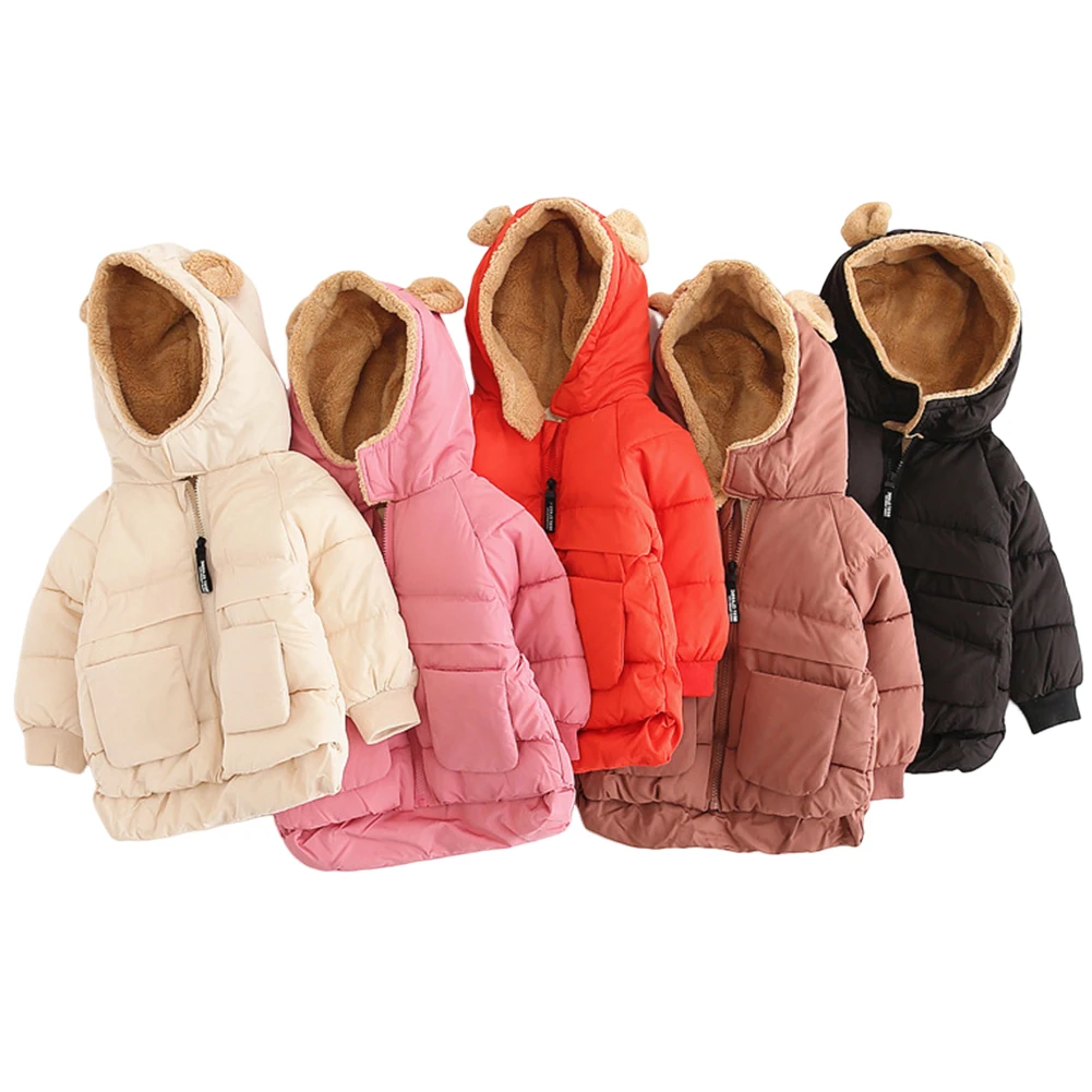 

Baby Winter Thick Warm Quilted Jacket Fleece Hooded Puffer Coat with Bear Ear Ski Outwear Girls Boys Pockets Snowsuit