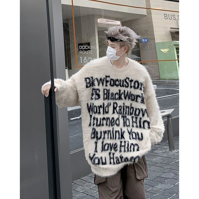 

Extra Large 300 Pou Letter Embroidered Faux Fur Knitted Sweater Men's Faion High Street Long Sve Autumn Winter Sweater