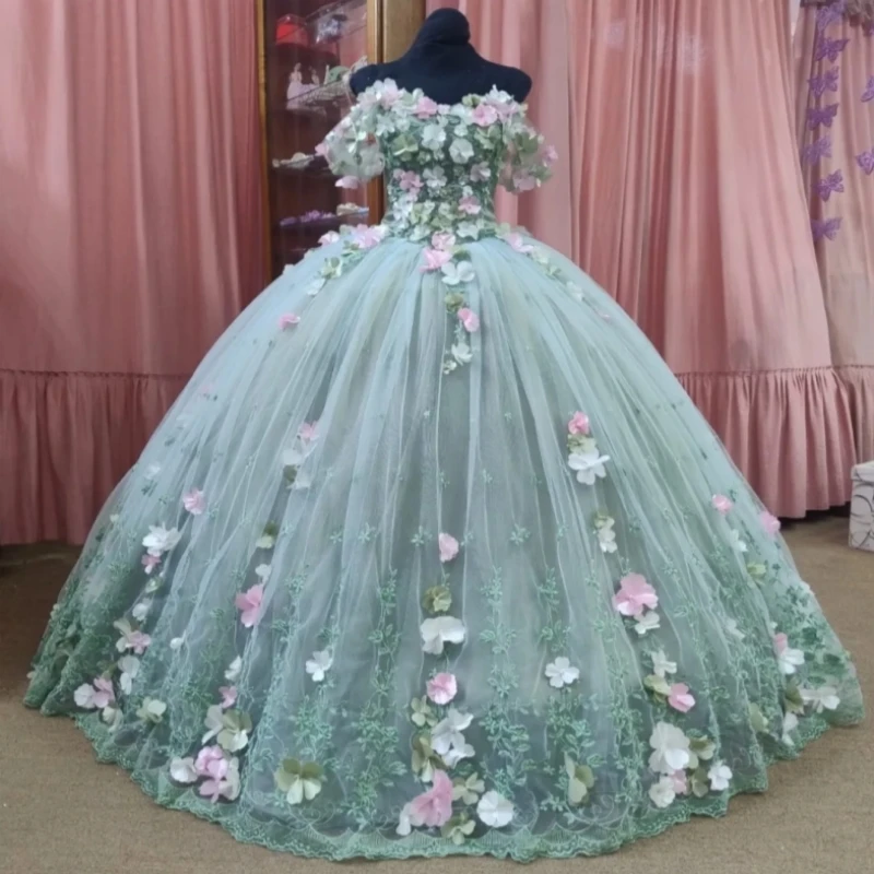

Светло-зеленое блестящее платье принцессы Sweet 16, платье Quinceanera, тюлевое платье с цветочной аппликацией для вечеринки, дня рождения, Vestidos 15 De Anos