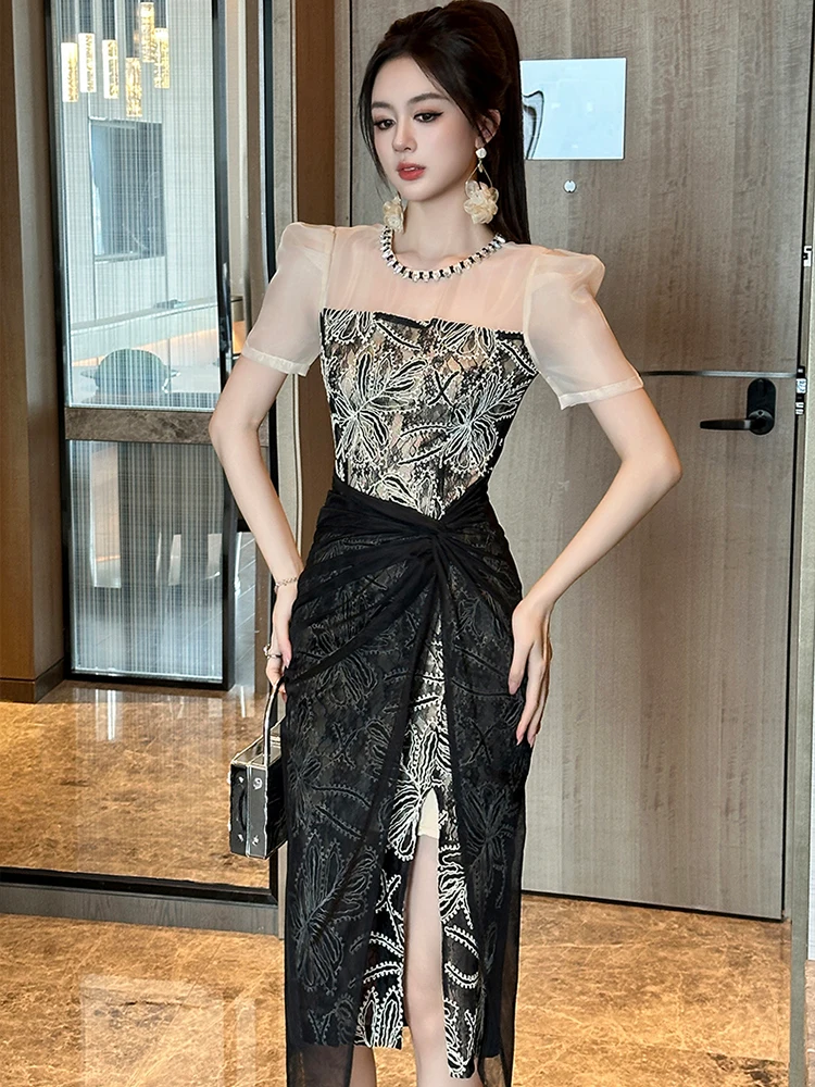 Vestido de fiesta francés de lujo para mujer, elegante, Sexy, con diamantes, malla transparente, encaje bordado, empalme, abertura larga, Vestidos de banquete