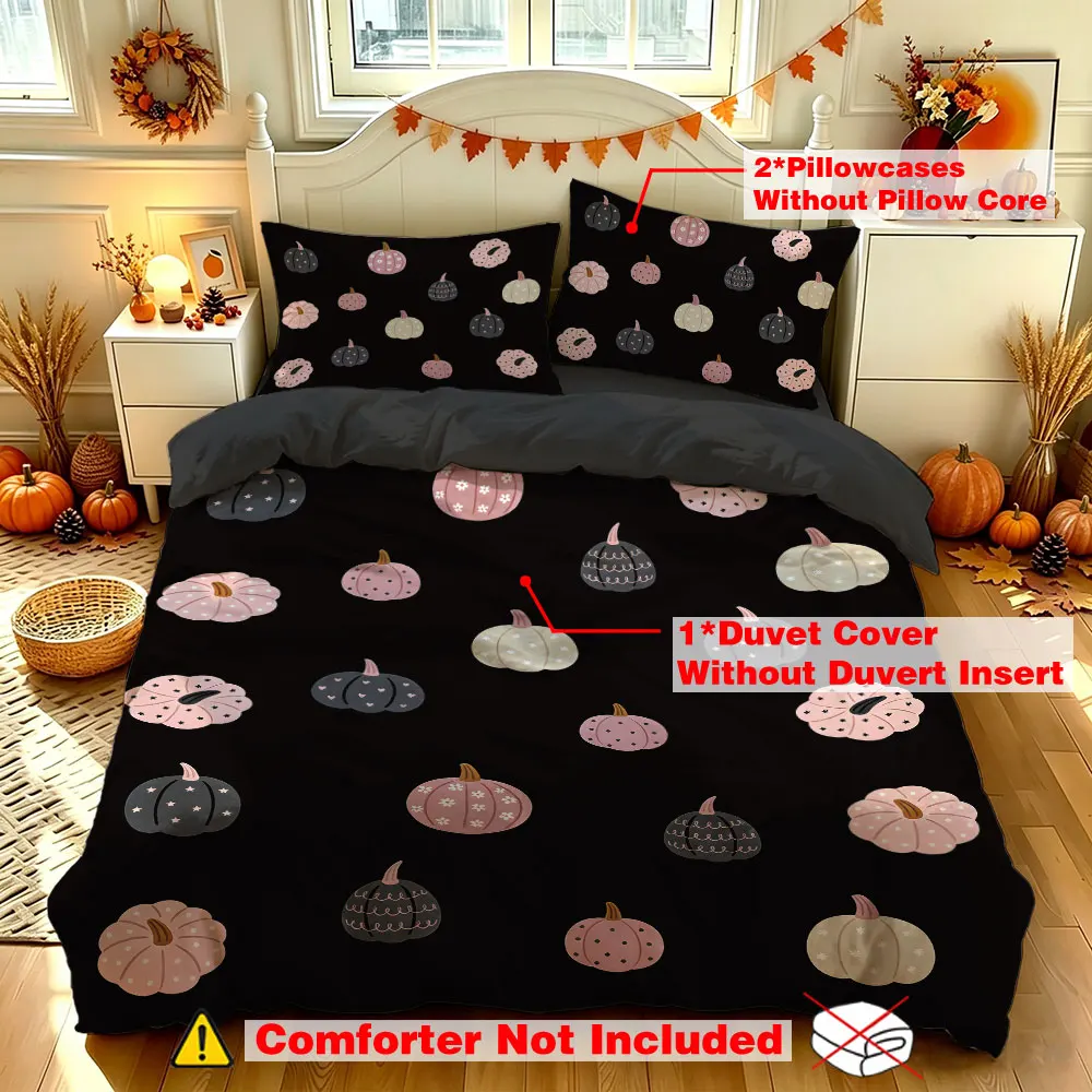 Black Pumpkin Duvet Cover Set 3Pcs, Dark Halloween Bedding, Autumn Print Quilt Cover with Pillowcases, Fall Bedroom Decor