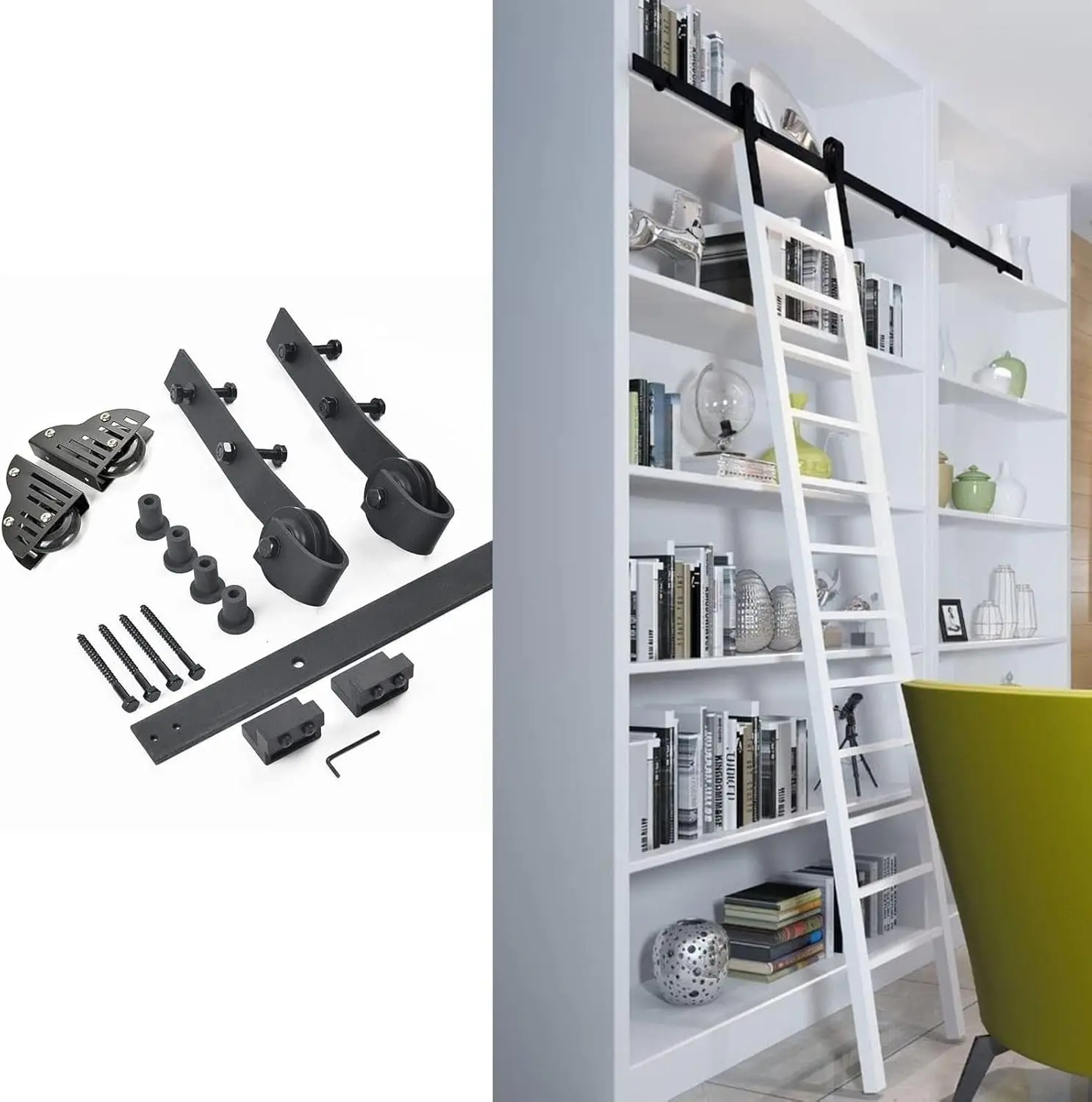 Sliding Ladder Door Hardware Kit - Sliding Barn Door Hanging Rail, Library/Bookcase Sliding Ladder Track Kit, Black Carbon