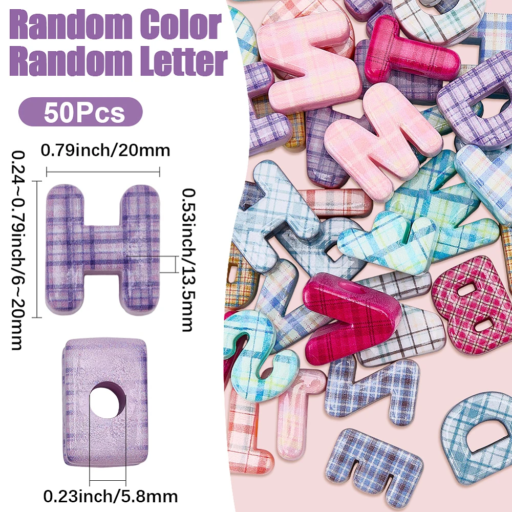 50Pcs Random Acrylic Letter Beads Plaid Large Alphabet Bead with Big Hole 20mm Multicolor Capital Letters Initial Alphabet Loose