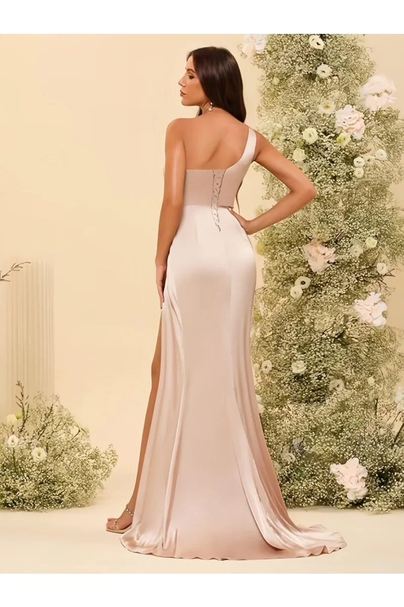 Women's One Mermaid Satin Bridesmaid Dress with Slit Long Bodycon Formal Prom Dresses for Teens Guest Evening Gown image 2