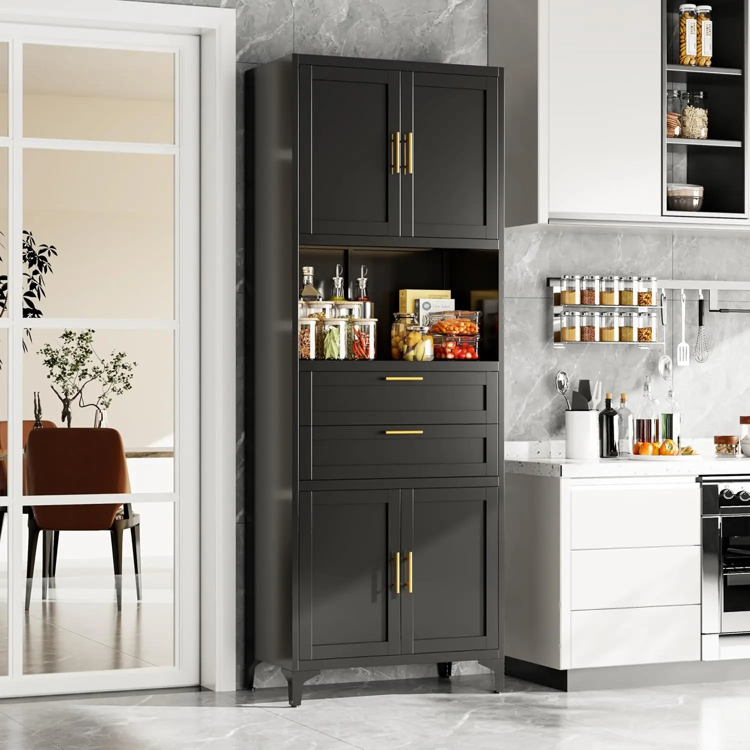 Kitchen Pantry Cabinet with Cable Holes & Adjustable Shelves, Metal Cabinet with Drawers for Kitchen & Bathroom, Customized