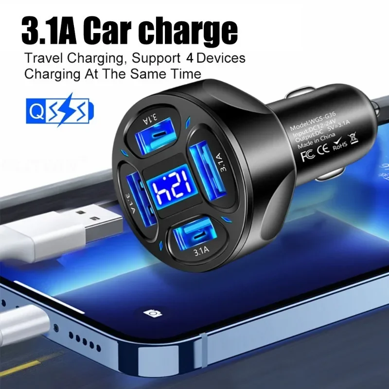 4USB Car Charger 12-24V Fast Charging Car Phone Charger Adapter 3.1A Digital Display Car Charger for IPhone 14 13 Xiaomi Samsung