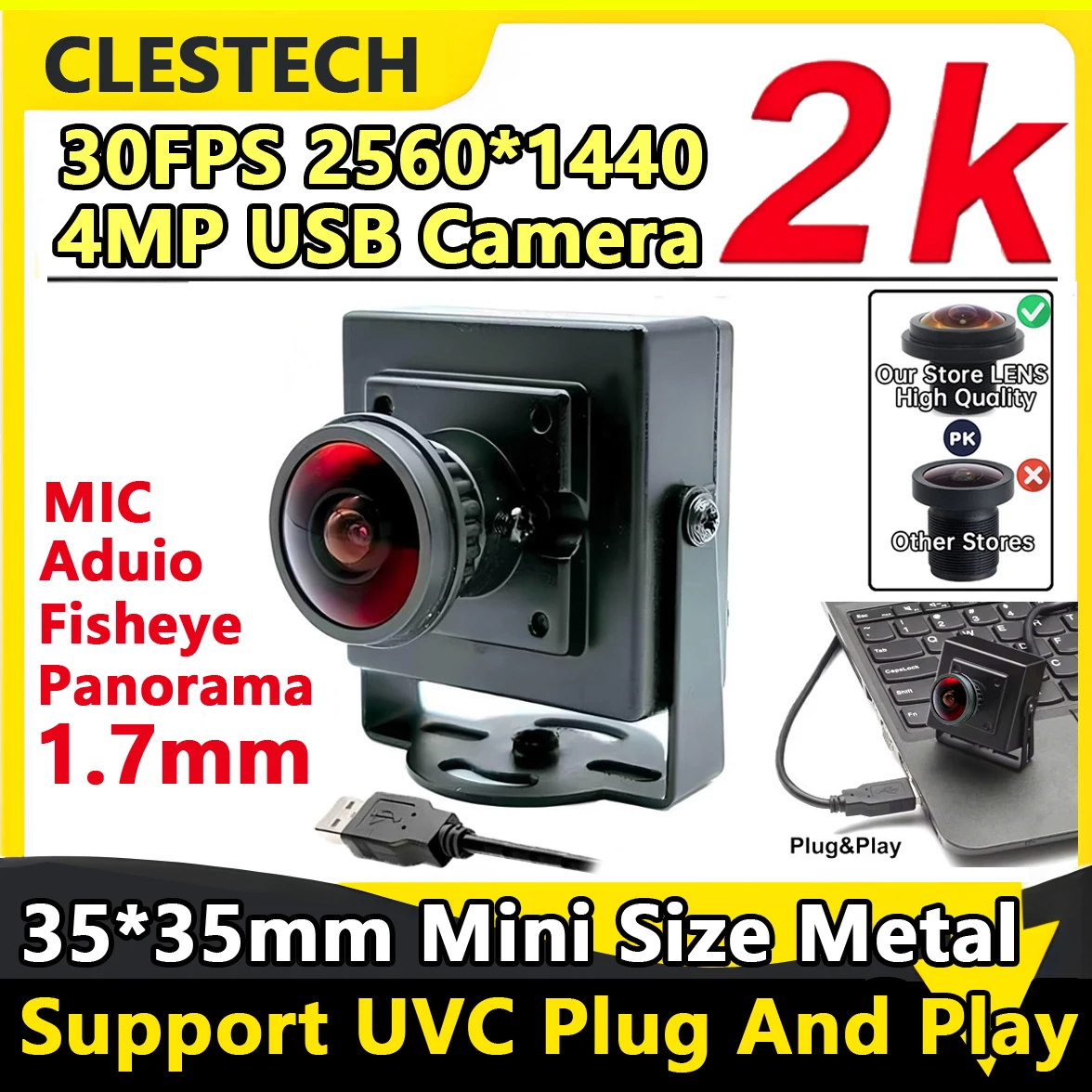 

160-градусный широкоугольный 1,8 мм «рыбий глаз» 2K HD ПК USB-камера Веб-камера Металлическая Plug & Play 30 кадров в секунду 2560X1440 Высокоскоростное видео Live Computer