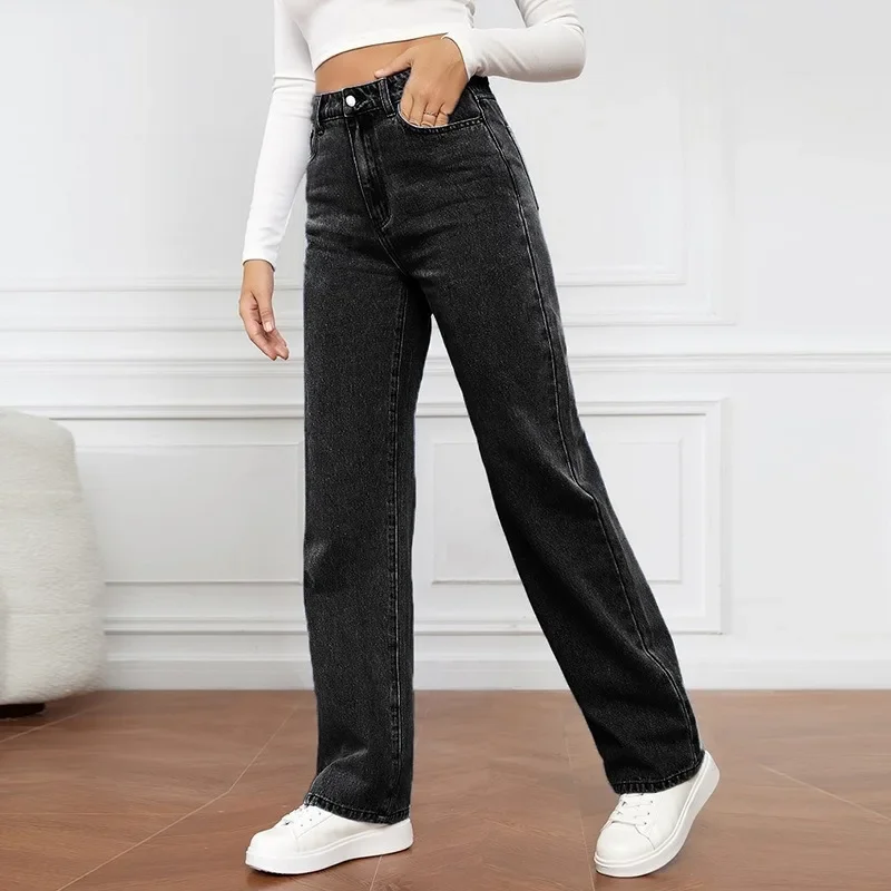 

Women's New Casual High Waisted Straight Leg Denim Pants, Fashionable Washed Simple Pants European and American Women's Clothing