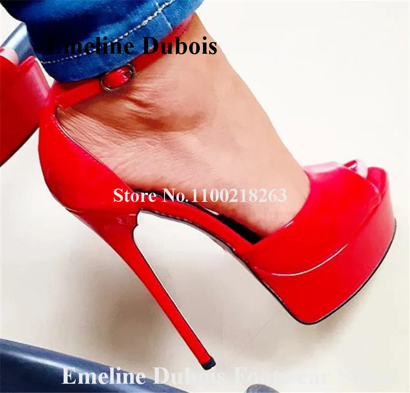 Red Patent Leather Platform Sandals Emeline Dubois Peep Toe Stiletto Heel Dress Shoes Ankle Straps Party Dress Heels Big Size