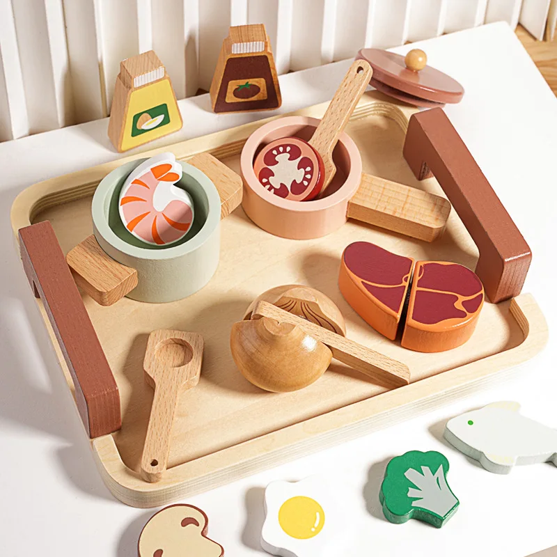 Wooden Pretend Plays Girls Toys Kitchen Game Simulated Makeup Play House Afternoon Tea Playset Cuting Food Educational Toys Gift