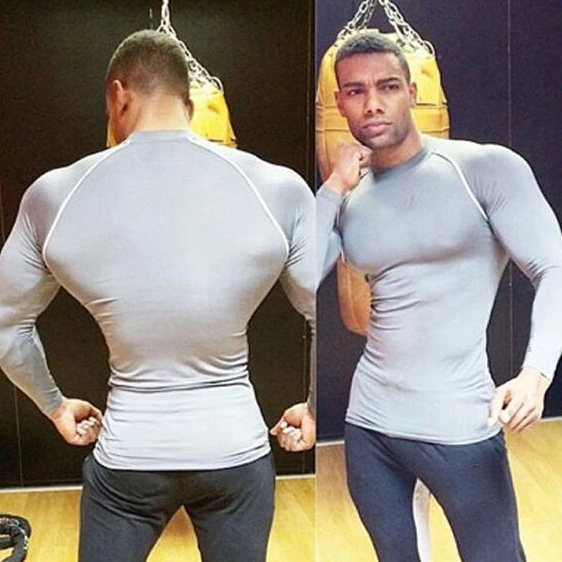 Men\'s Gym Fitness Compression Shirts Long Sleeve T-shirt Quick Dry Sweatshirt Man Bodybuilding Workout Tight Tees Casual Clothes