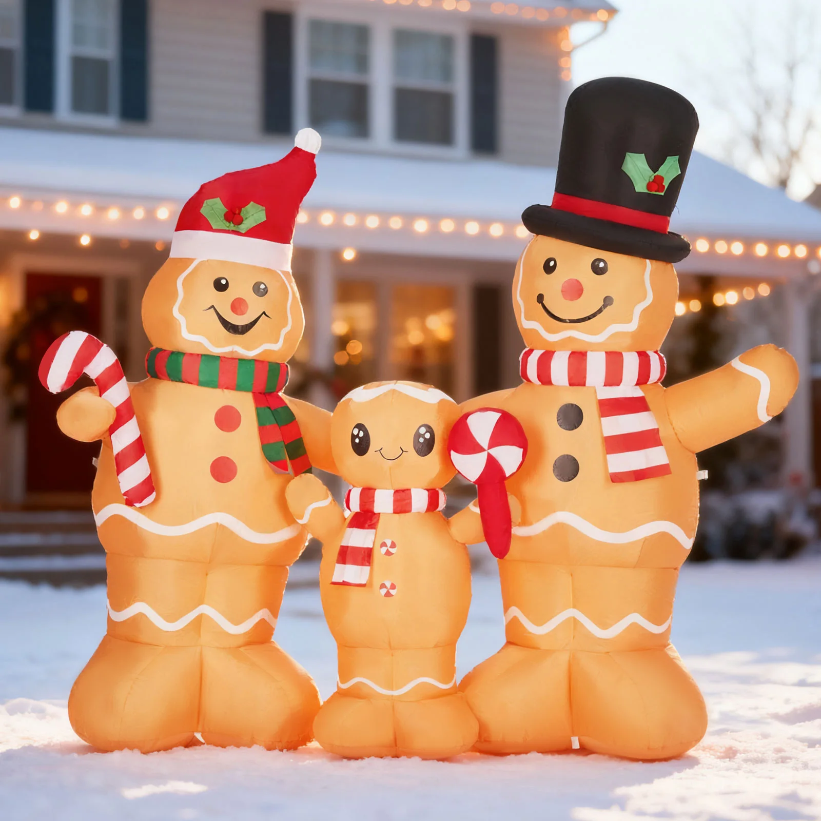 6.3FT Christmas Inflatable Gingerbread Man Family of 3, Built-in Warm White LED Lights, Blow Up Yard Decoration for Front Lawn Garden Holiday Decor