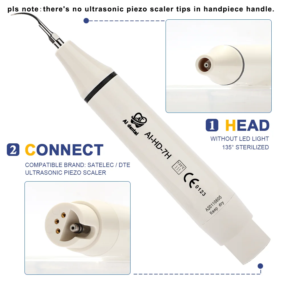 Dentaler Ultraschall-Piezo-Scaler-Handstück HD-7L/HW-5L mit LED HD-7H/HW-3H ohne LED passend für Originalgriff ohne Spitze zur Zahnaufhellung