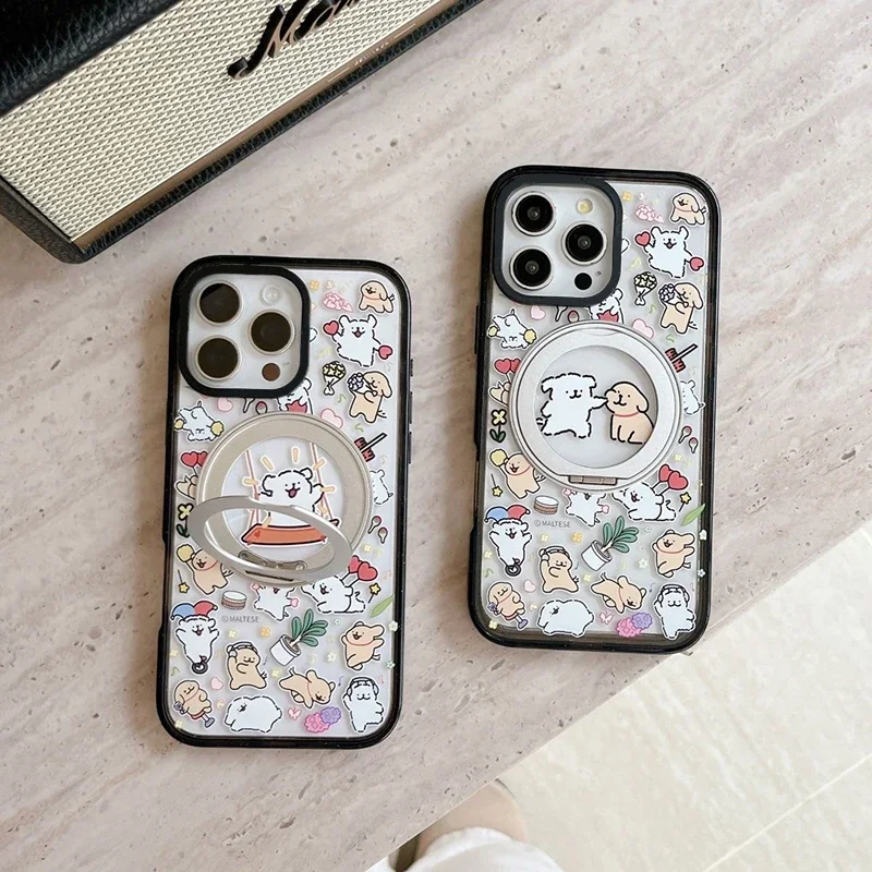 

Cartoon Dog Friend Rotating Stand Black Border Phone Case Cover for IPhone 14 15 16 Pro Max Case