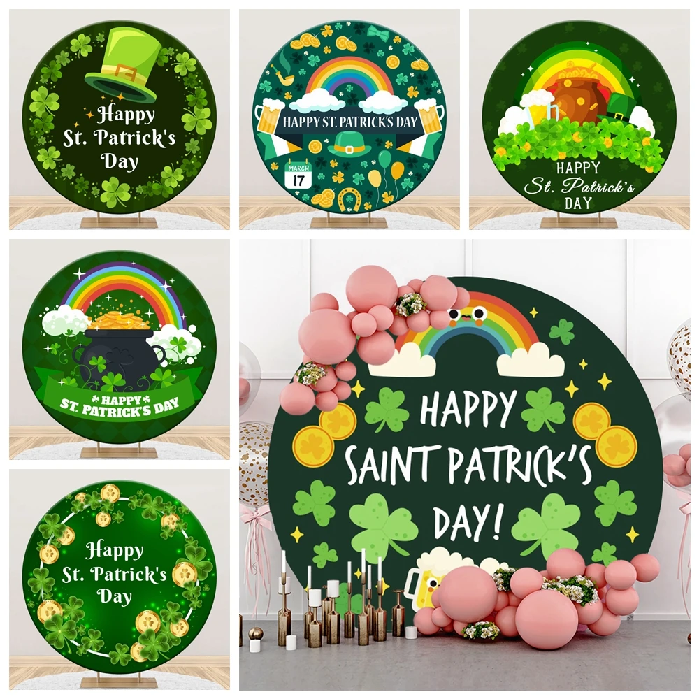 Saint Patrick's Day Round Backdrop Cover Spring Lucky Green Shamrock Rainbow Gold Coin Kid Adult Birthday Party Decor Background