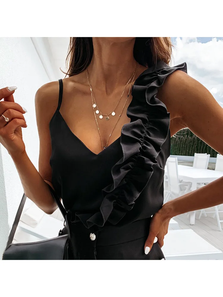 Women Summer Blouse Shirts Sexy V Neck Ruffle Blouses Backless Spaghetti Strap Office Ladies Sleeveless Casual Tops