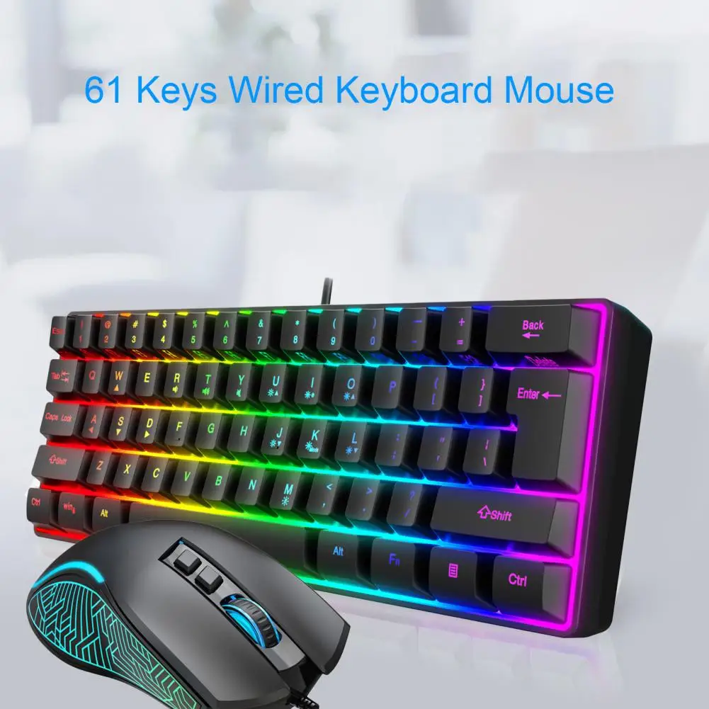 61 Keys Wired Keyboard Mouse Set Luminous Universal 7-color Backlight USB Desktop PC Game Keyboard Mouse Computer Accessories