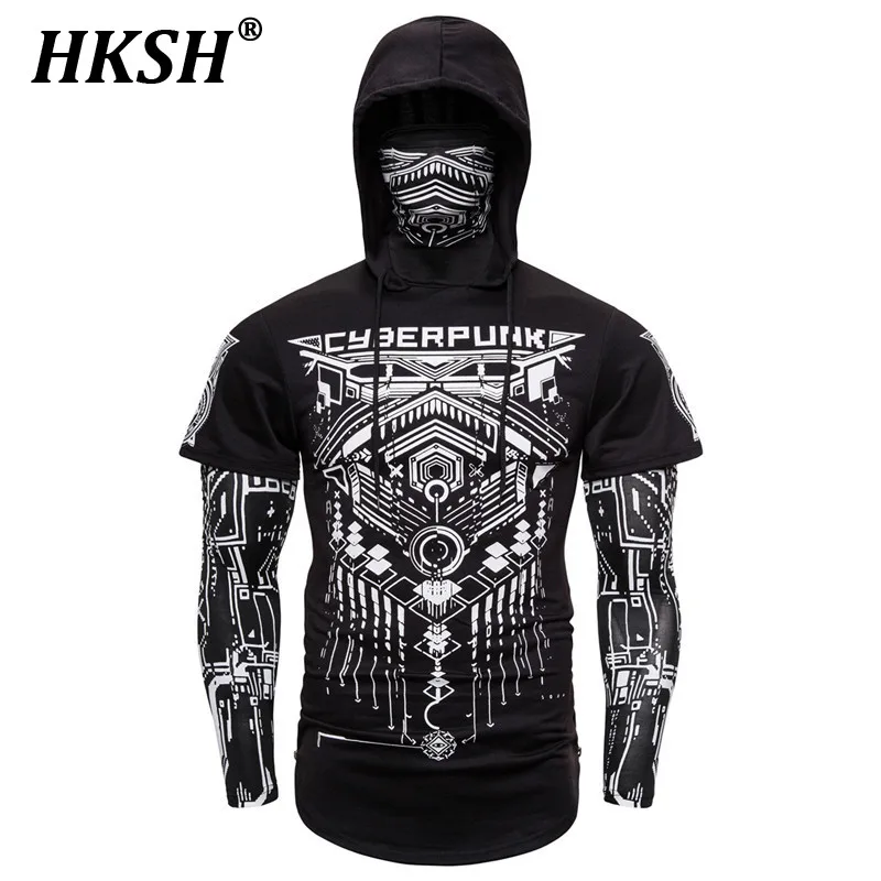 

HKSH Spring Summer Elastic Hooded T-shirts Men's Tide Dark Ninja Sweatshirt Skull Mask Streetwear Fashion Print Chic Tops HK1826