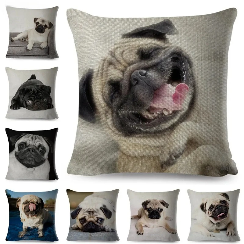 Pet Pug Dog Cushion Cover Decor Cute Animal Pillow Case for Sofa Home Car Linen Both Sided Print Throw Pillowcase 45x45cm