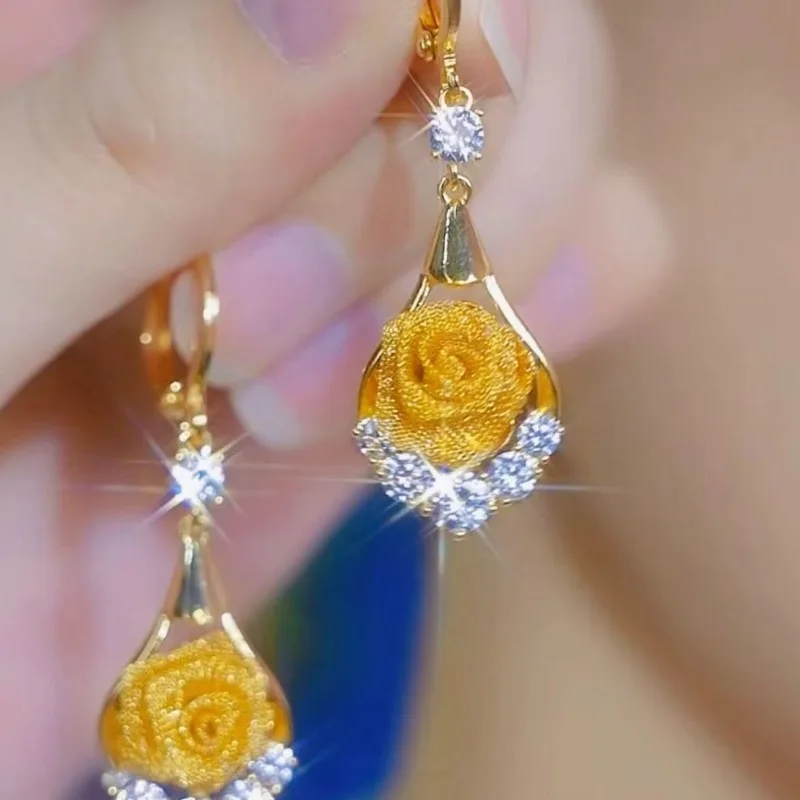 Sparkling mesh rose earrings for women, unique, beautiful, light luxury, new high-end earring, the treasure of the store