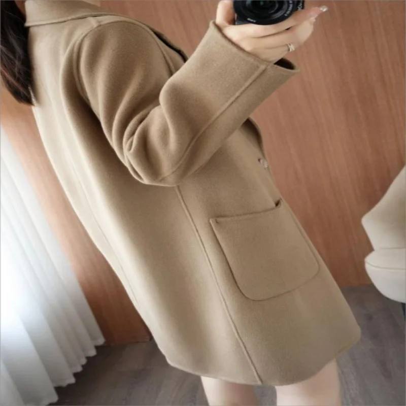 Women‘s Suit Neck Coat 2024 Woman Autumn Winter Mid-Length lining Coat Slim Solid Color Woolen Jacket Female