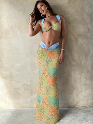 Nibber Summer Beach party 2 Piece Set Women Colorful Print Bra Tops+High-Waist Hollow Maxi Skirts Matching Midnight Clubwear