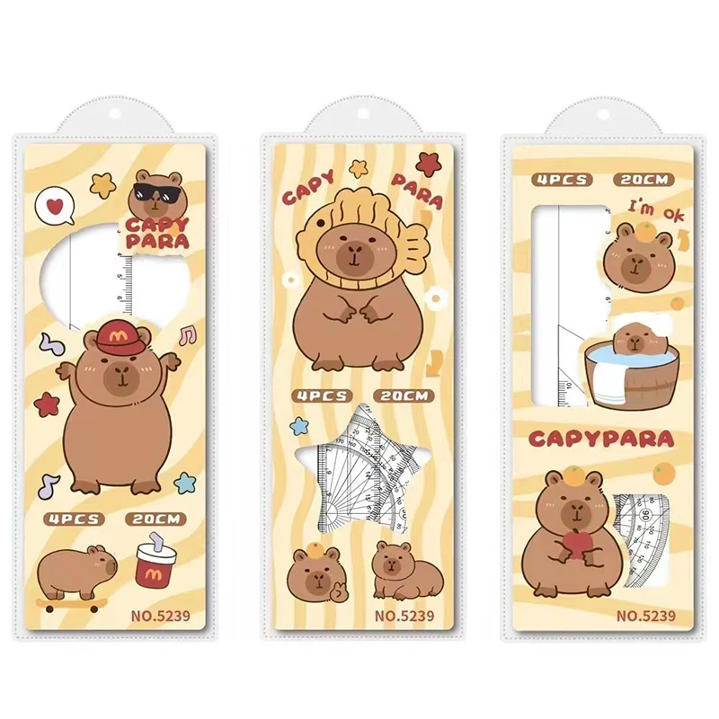 Ensemble de règles de dessin animé Kawaii pour étudiants, ensemble de rapporteur triangle, dessin animé mignon, cadeau pour enfants, 3 ensembles, Capybara Anime