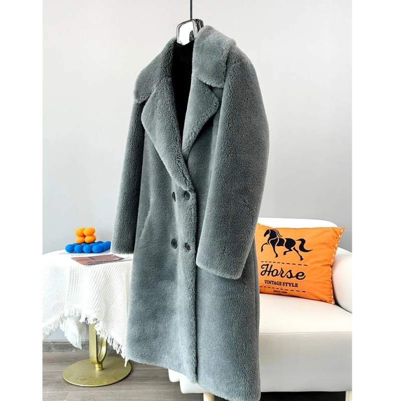 2023 Winter Women Sheep Shearling Mid-long Jacket Female Lamb Wool Warm Coat OverCoat JT3372