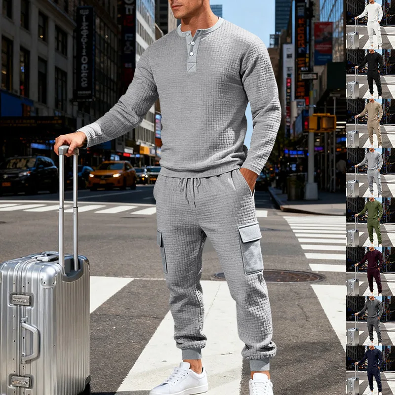 

2025 Autumn Winter New Men Henley Collar Long Sleeve Sportswear Suit Solid Color Casual Workwear Multiple Colors Sizes Available