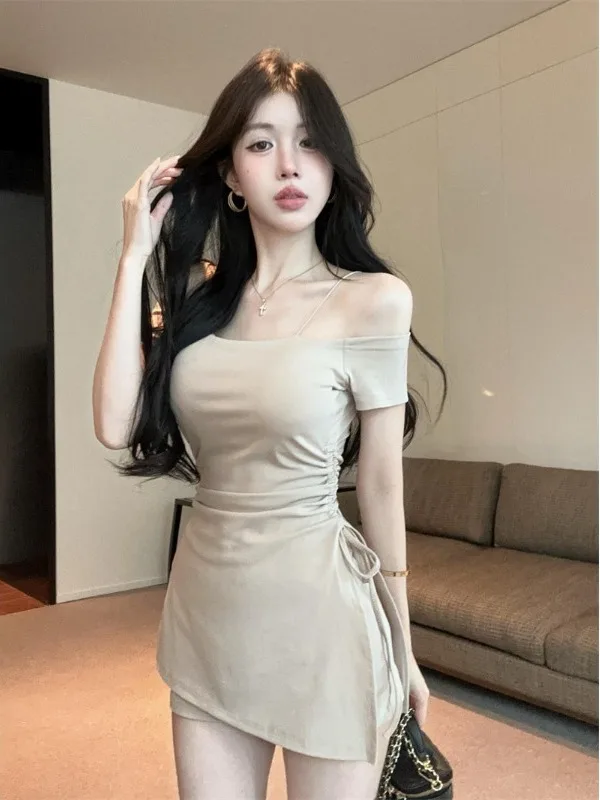 

New Pure Desire Spicy Girl Pleated Design Waist Cinching Shoulder Bared Short Sleeve Dress Bottoming Two Piece Set Women Summer