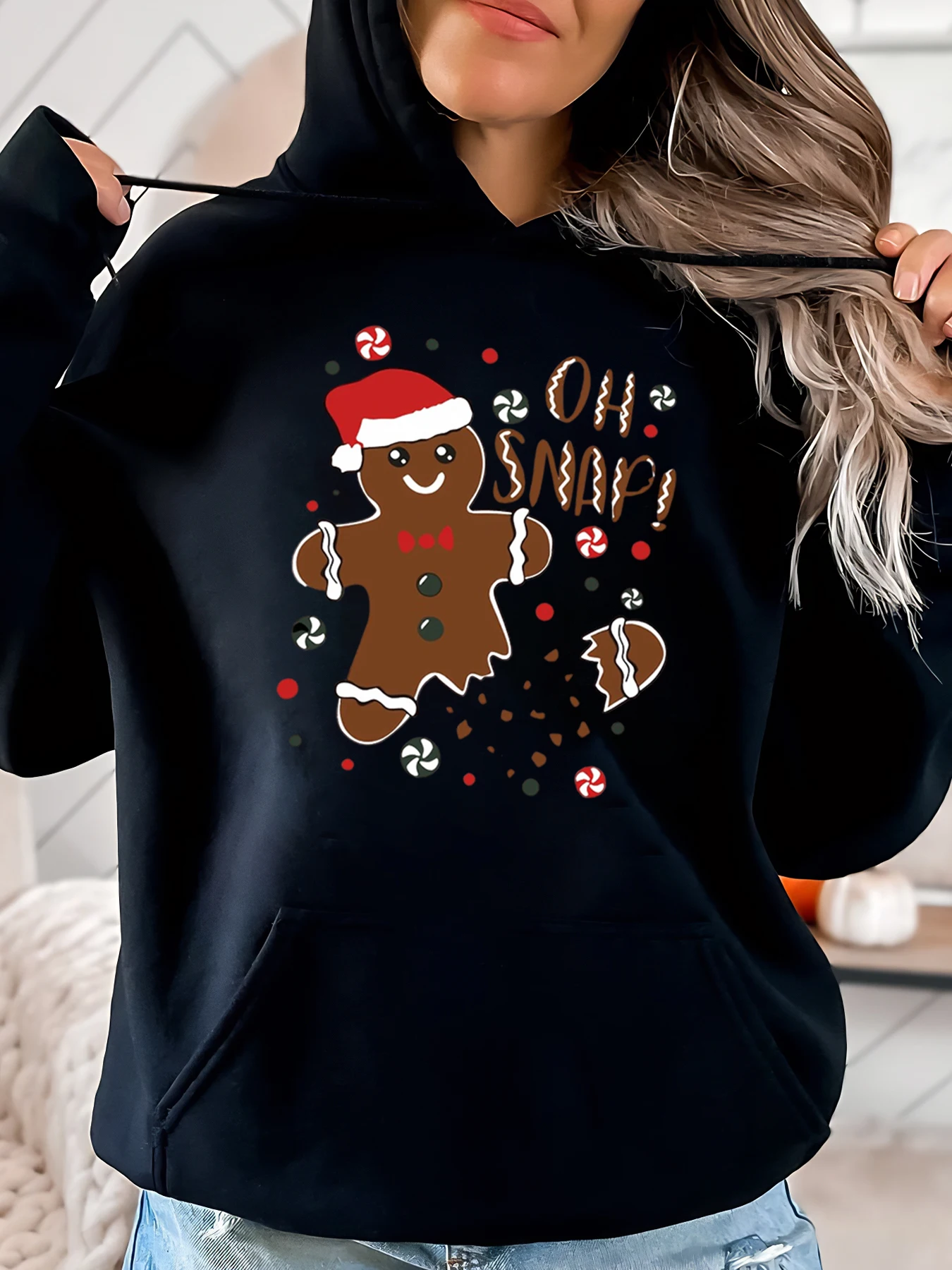 

Рождественская толстовка с пряничным человечком Oh Snap, женская повседневная праздничная одежда, черная, больших размеров