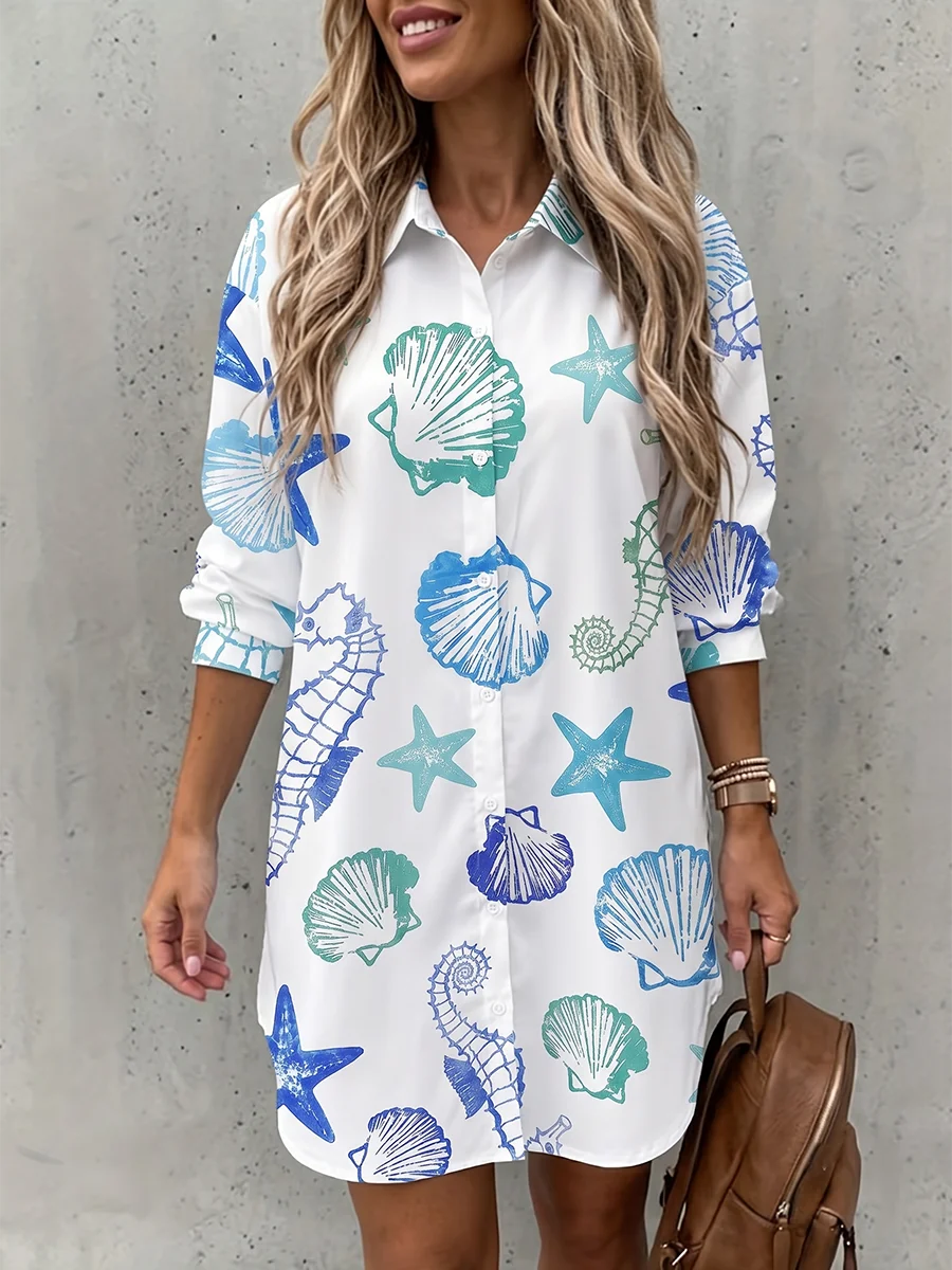 Women Long Sleeve Button Down Shirt Dress Casual Loose Shell Starfish Print Blouse Tops Female Elegant Y2k Fashion Streetwear
