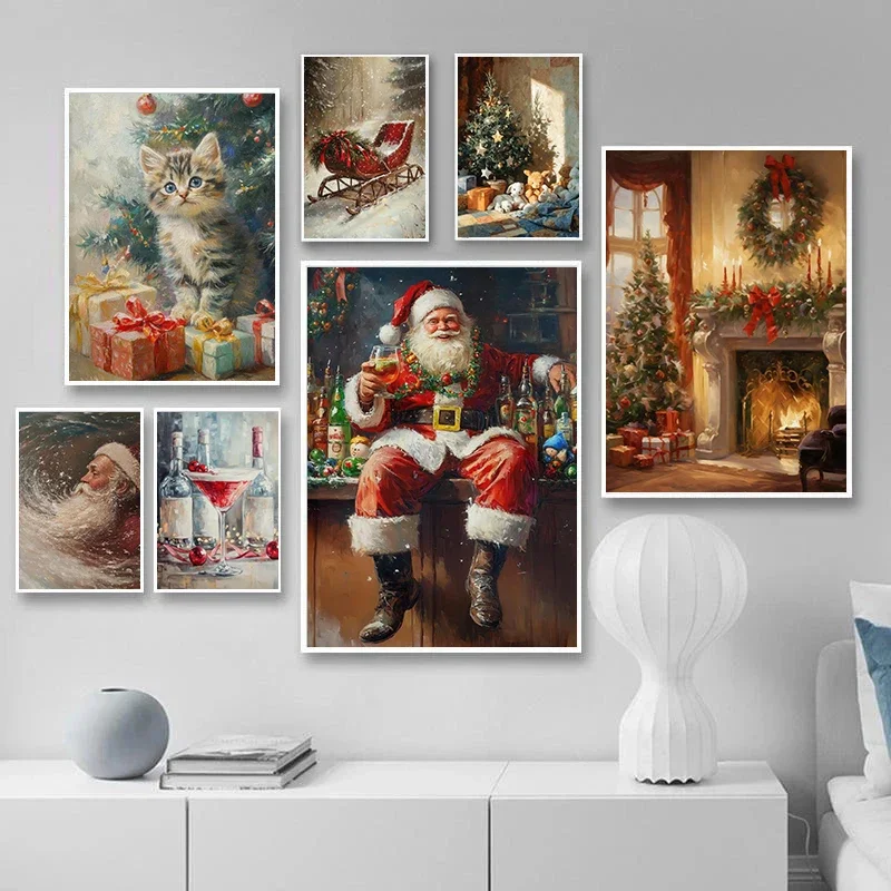(No frame)Fun Santa Claus Warm Christmas Scene Art Poster Canvas Painting Oil Painting Bar Restaurant Home Wall Decoration Pa