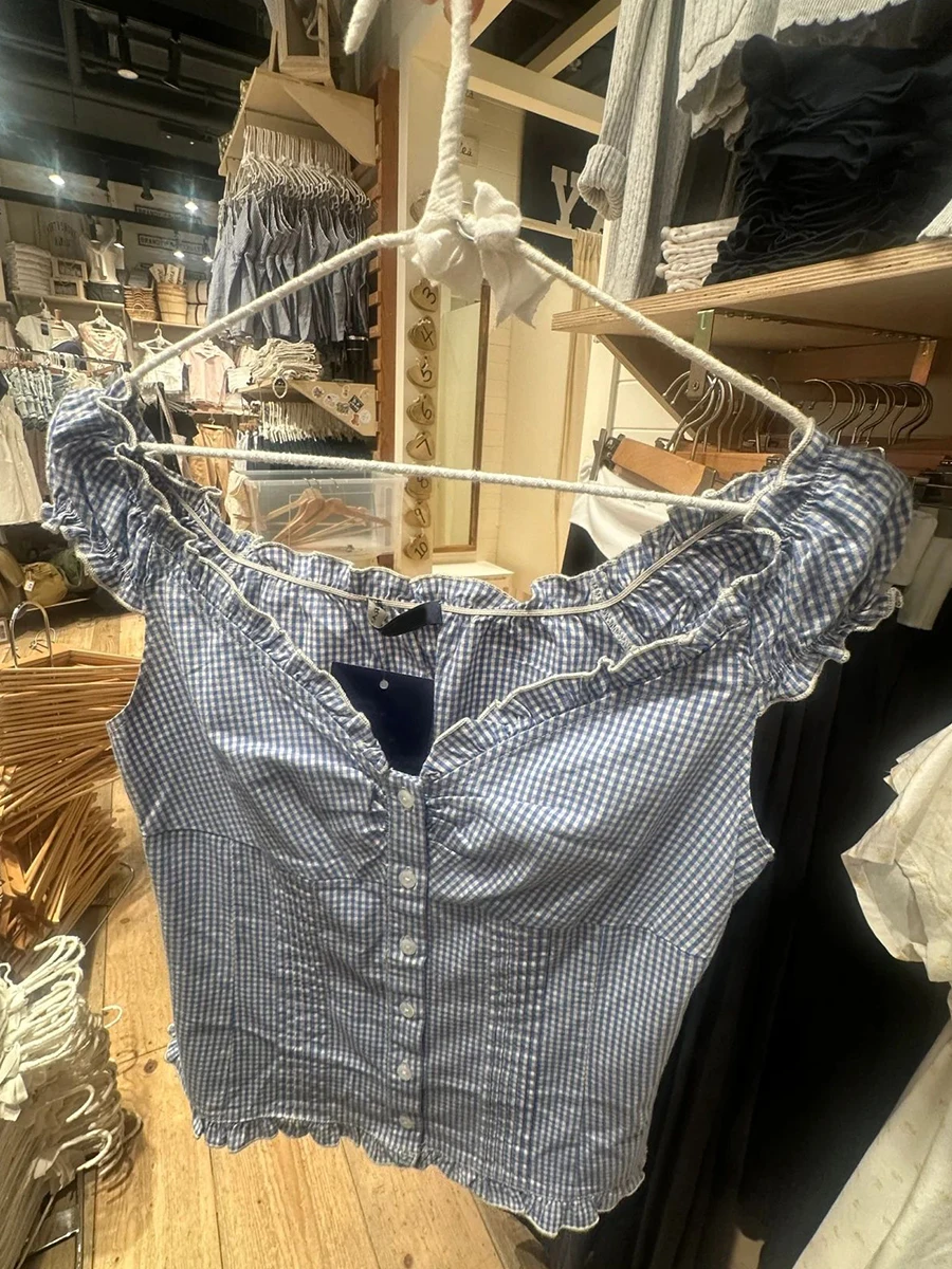 Blau Plaid Rüschen Dünnes T-shirt Bluse Frauen Sommer V-ausschnitt Falten Einreiher T-shirt Shorts Vintage Chic Süße Puff Sleeve Shirts