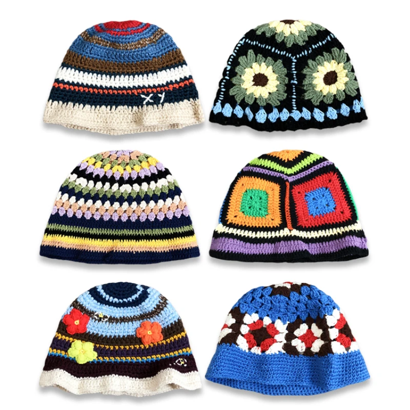 2024 Flower Y2k Crochet Bucket Hat Women Summer Handmade Knit Beanies INS Korean Fashion Panama Cap Bohemia Beach Hat